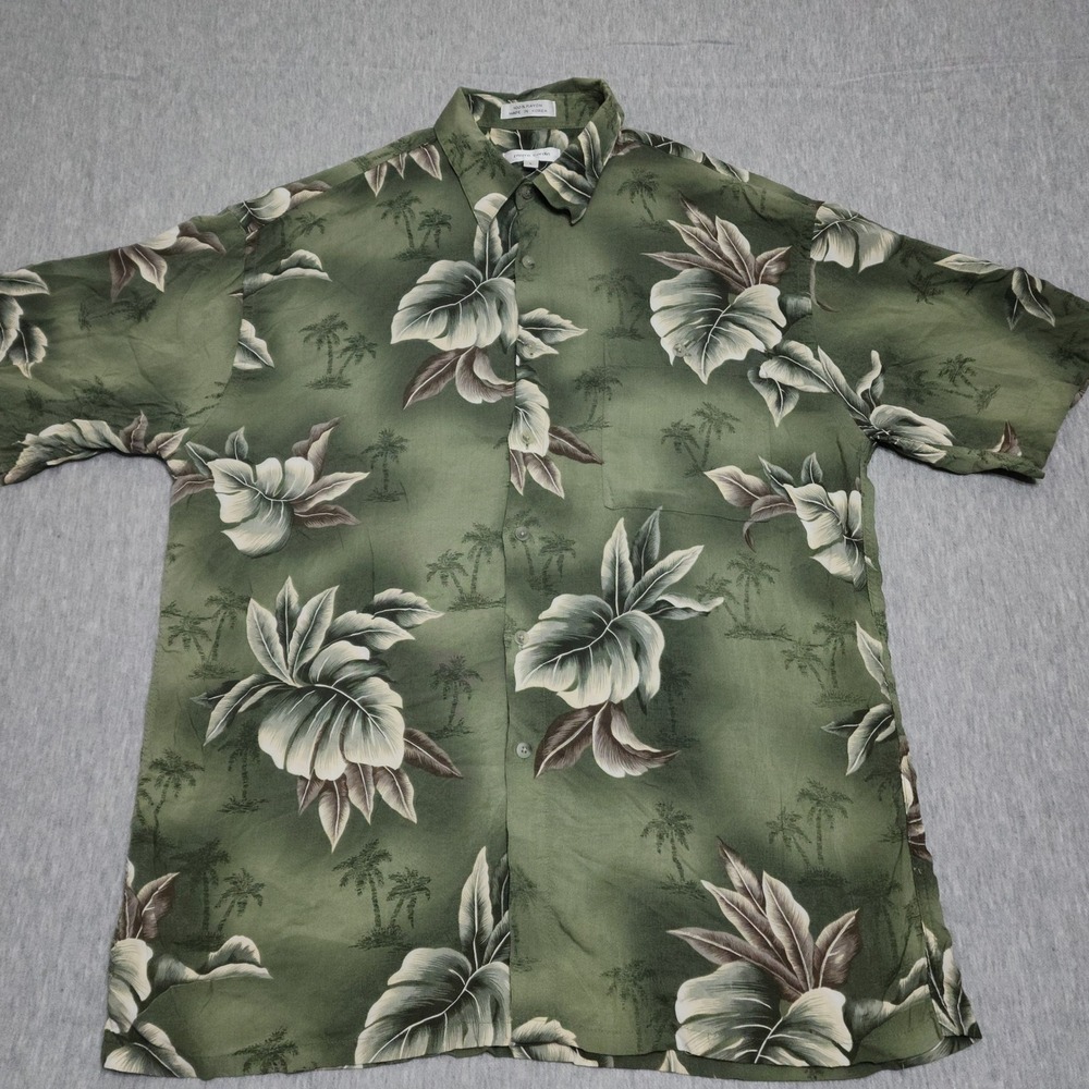 Pierre Cardin Hawaiian Shirt Large Vintage Green Rayon Tropical Leaf Camp Mens L
